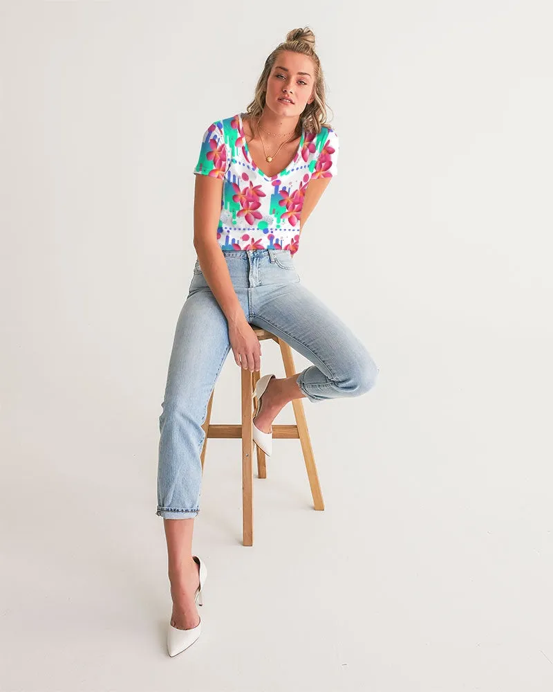 Pink Plumeria Floral V-Neck Women's Tee