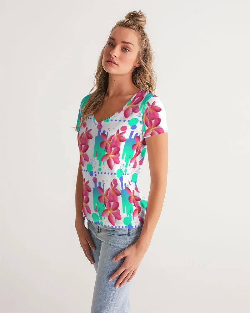 Pink Plumeria Floral V-Neck Women's Tee