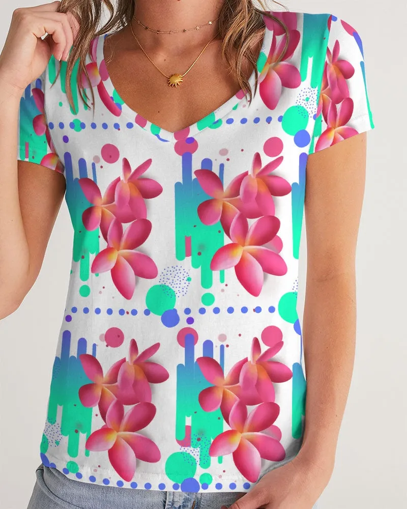 Pink Plumeria Floral V-Neck Women's Tee