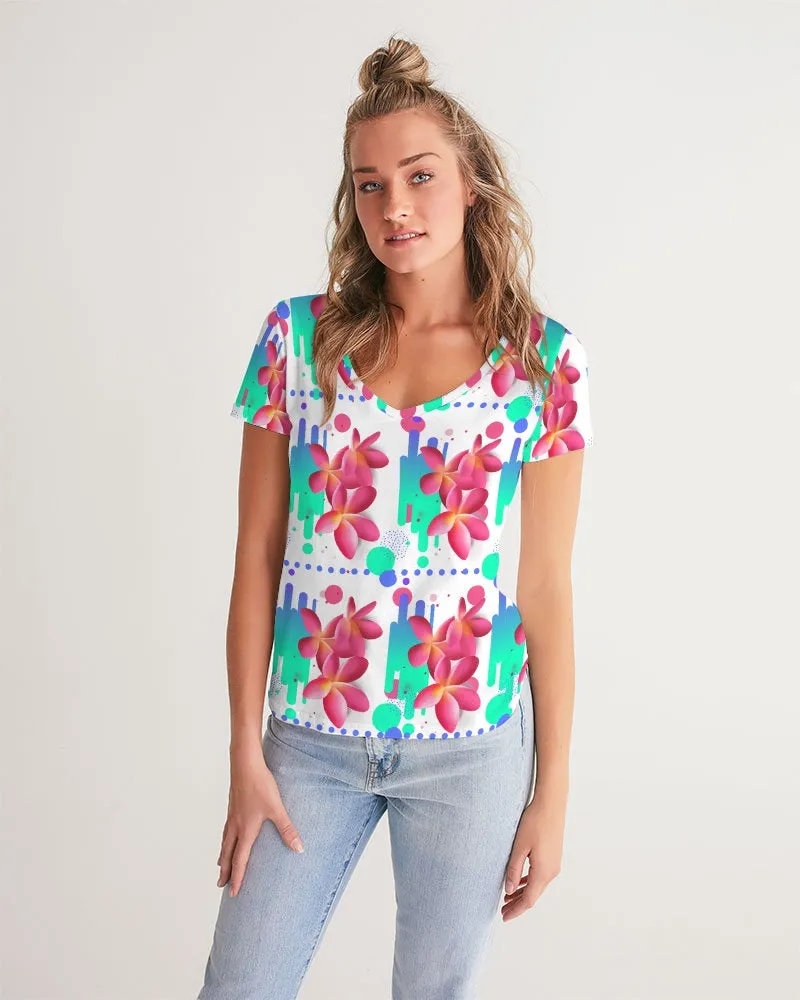 Pink Plumeria Floral V-Neck Women's Tee