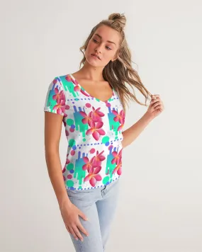 Pink Plumeria Floral V-Neck Women's Tee