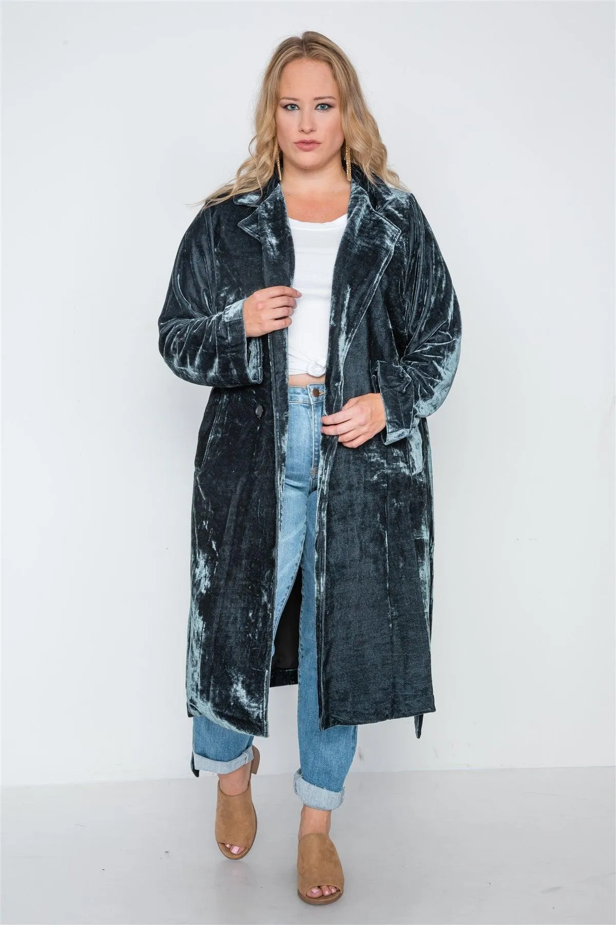 Plus Size Charcoal Velvet Long Sleeve Trench Coat /4-2