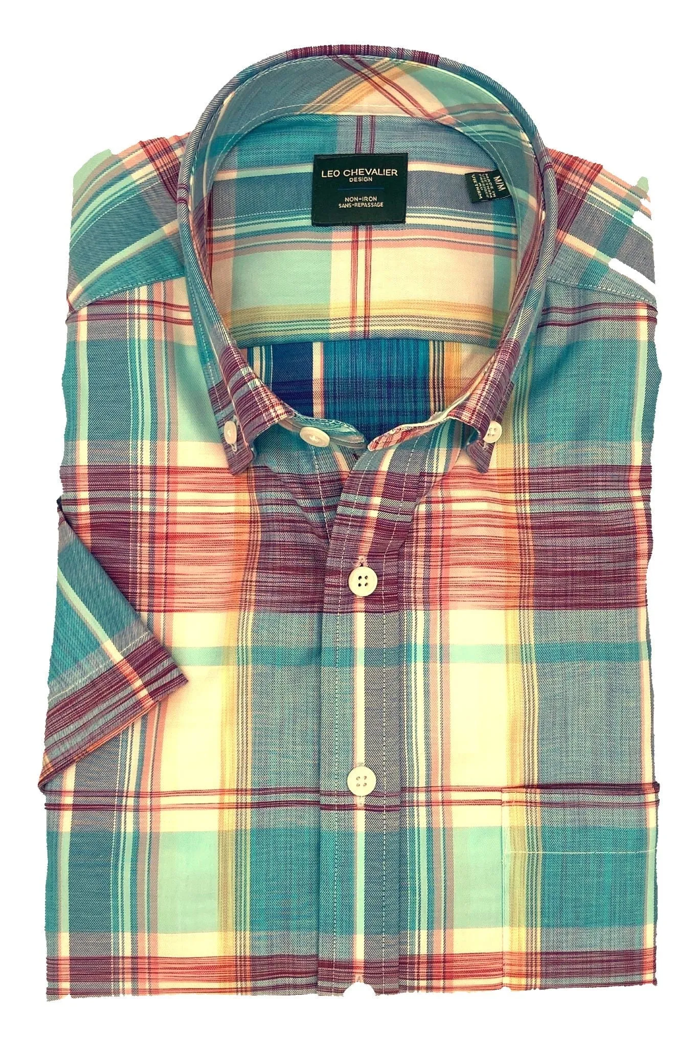 Red Multi Colored Plaid Men's Cotton Button Down Short Sleeve