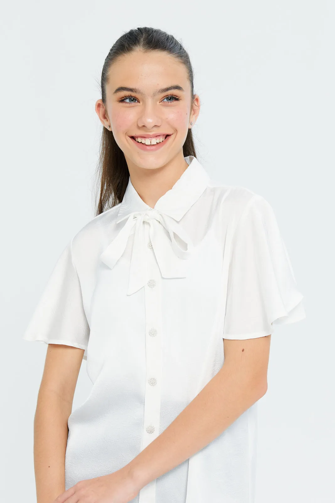 Senior Girls White Plain Pussy Bow Blouse