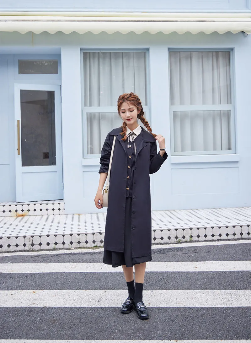 Wjczt Preppy Style Trench Women Black Gothic Vintage Ulzzang All-match Fashion Loose Windbreaker Autumn Outwear Long Sleeve Casual Ins