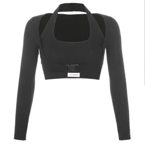 WLS Letter Print Buckle Long Sleeve Crop Tee