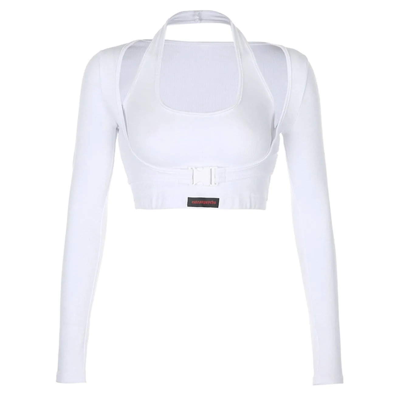 WLS Letter Print Buckle Long Sleeve Crop Tee