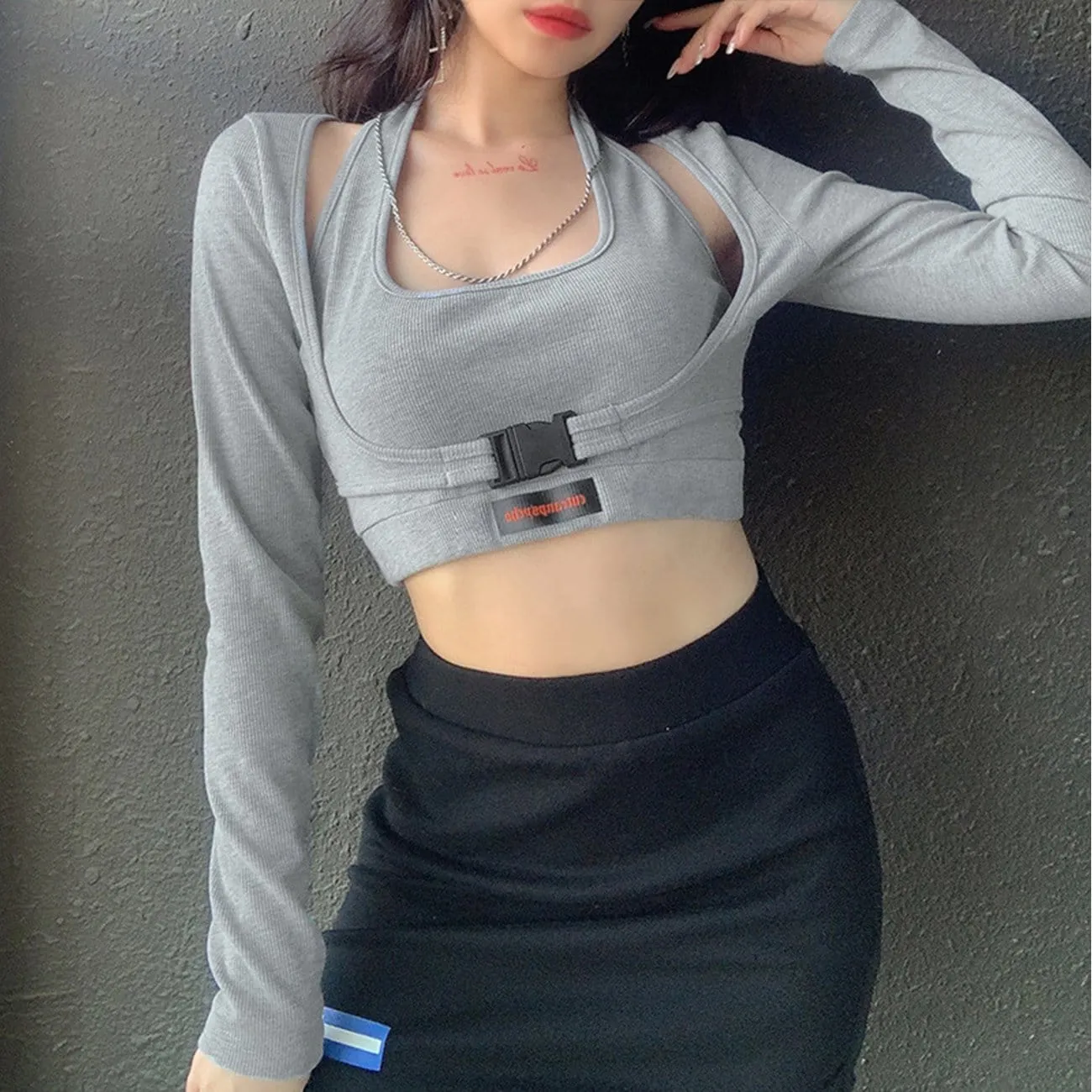 WLS Letter Print Buckle Long Sleeve Crop Tee