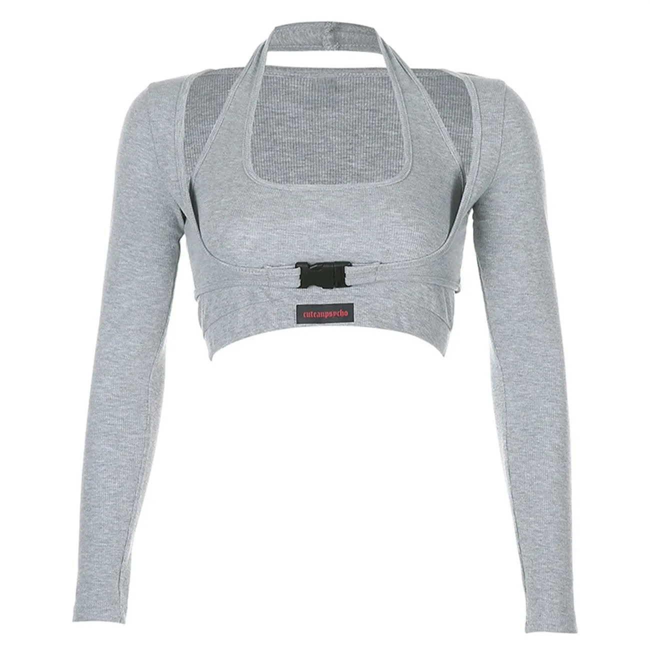 WLS Letter Print Buckle Long Sleeve Crop Tee