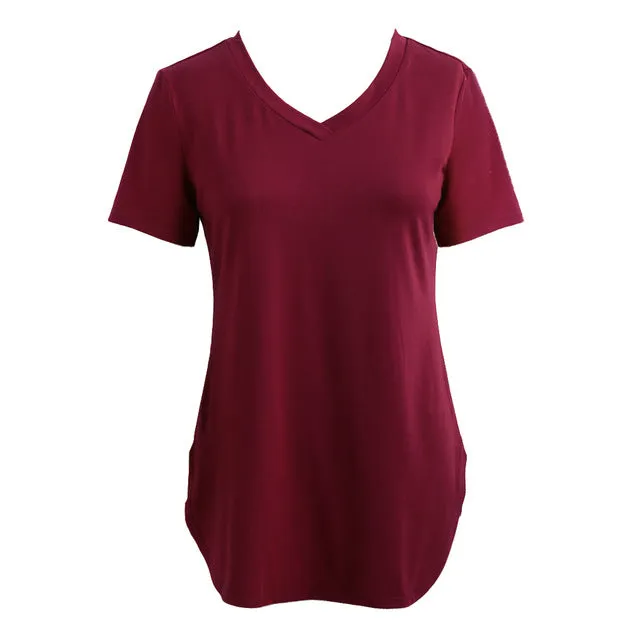 Women Solid V Neck Short Sleeve Tops