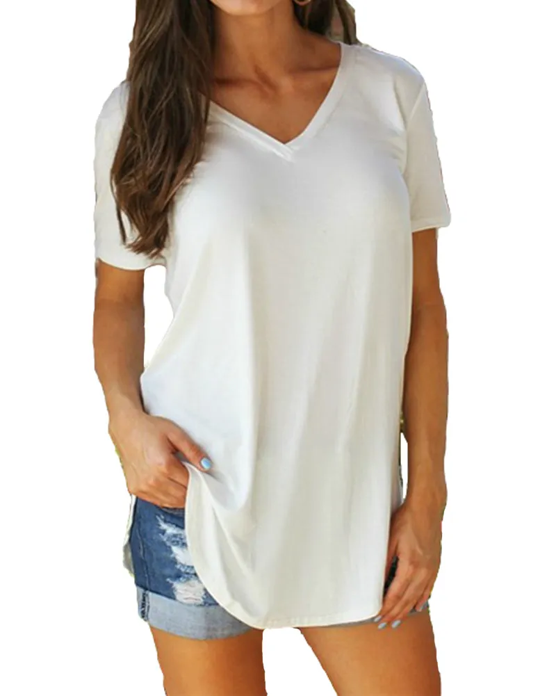 Women Solid V Neck Short Sleeve Tops