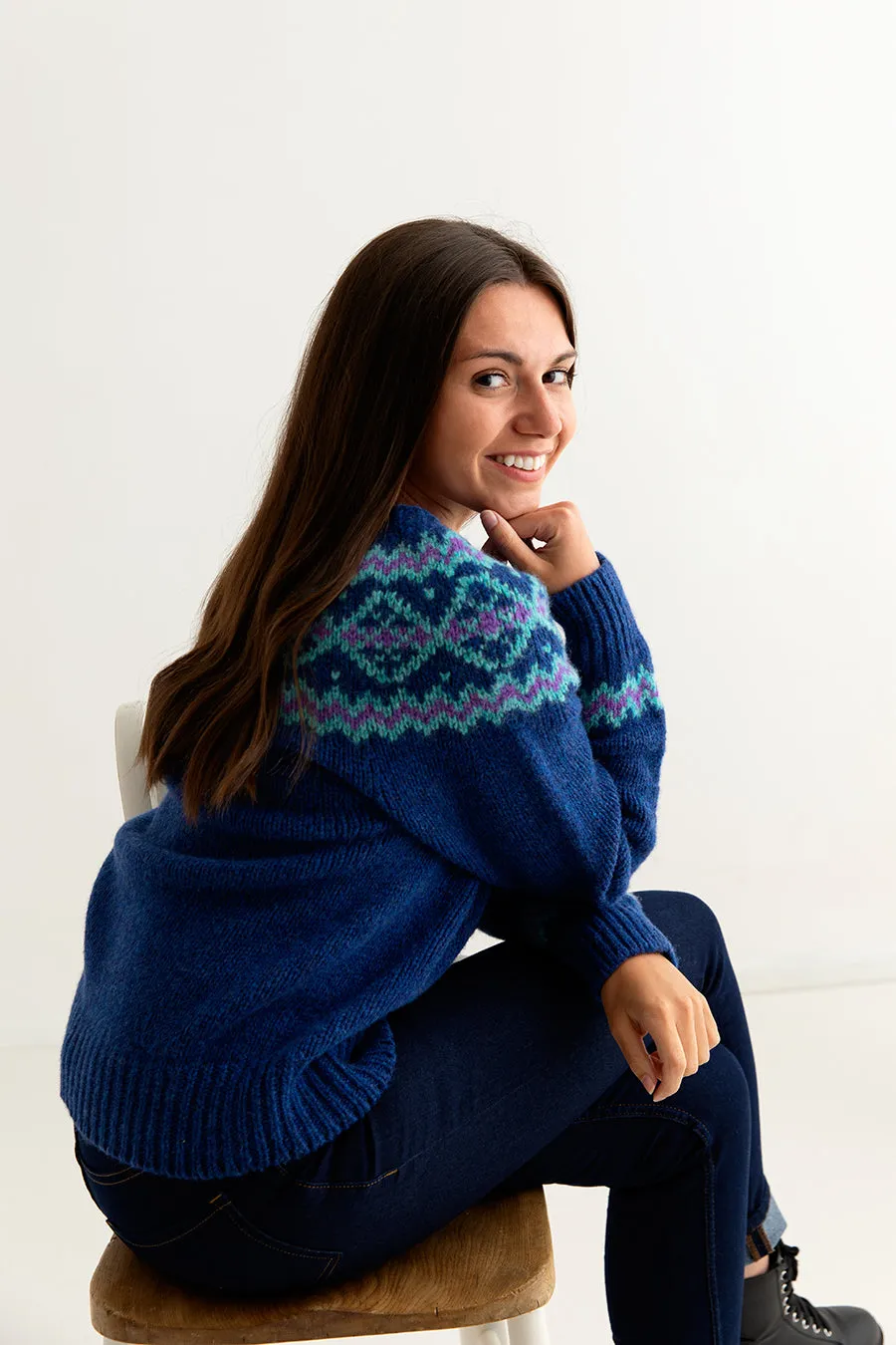 Womens Chunky Finnieston Yoke Fair Isle Jumper - Royal Blue